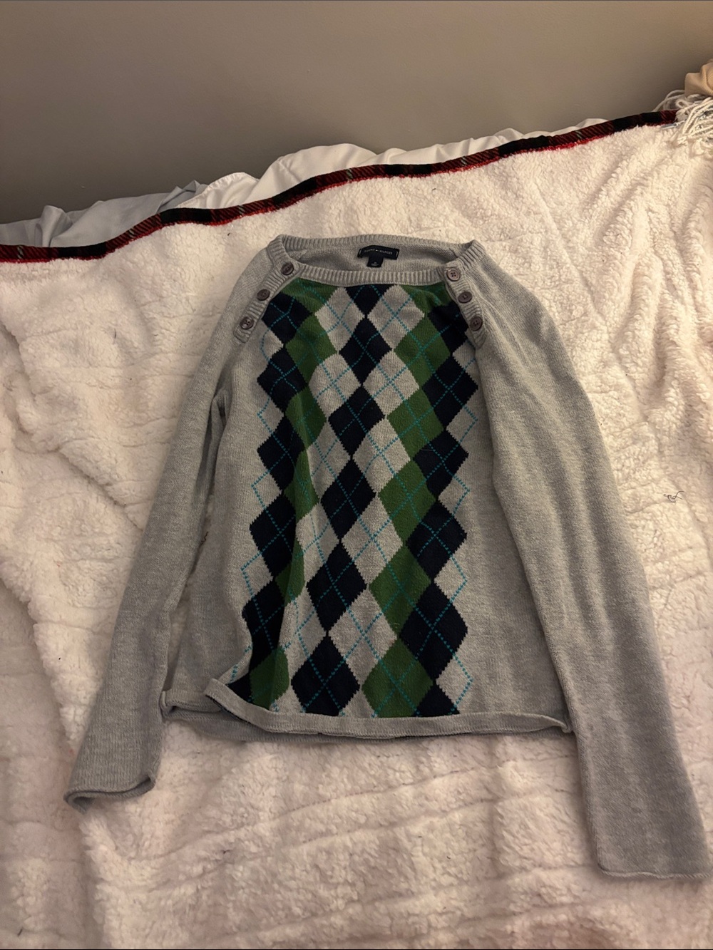 Gray Argyle Button-Shoulder Men’s Sweater - Green/Blue Accents